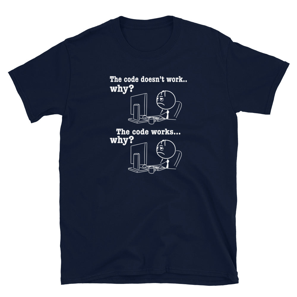 Funny Programmer T-Shirt: Code Works Why? Debugging Tee - Cuccico Design