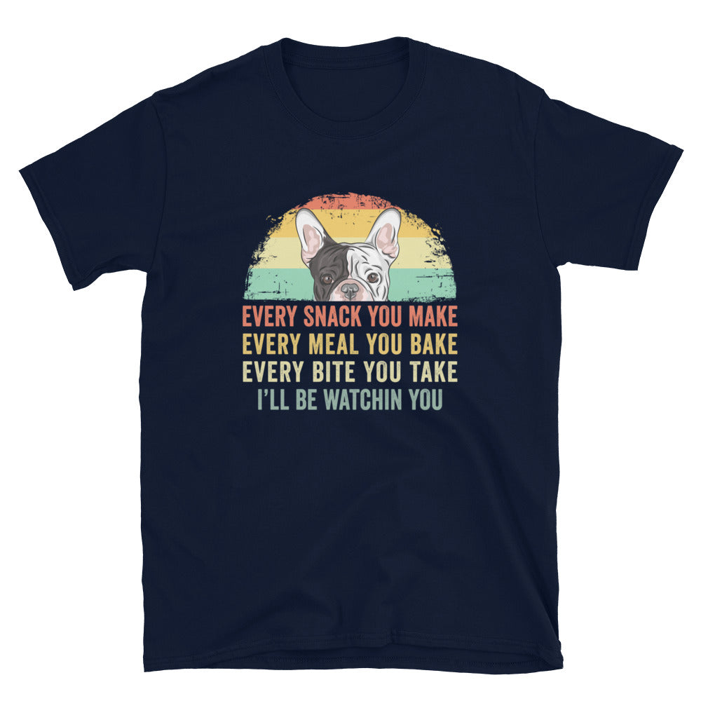 Funny French Bulldog T-Shirt: Every Snack Every Meal - Cuccico Design