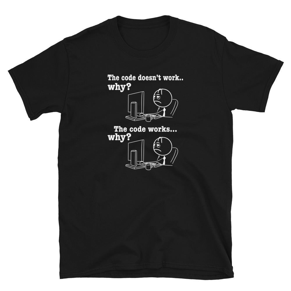 Funny Programmer T-Shirt: Code Works Why? Debugging Tee - Cuccico Design
