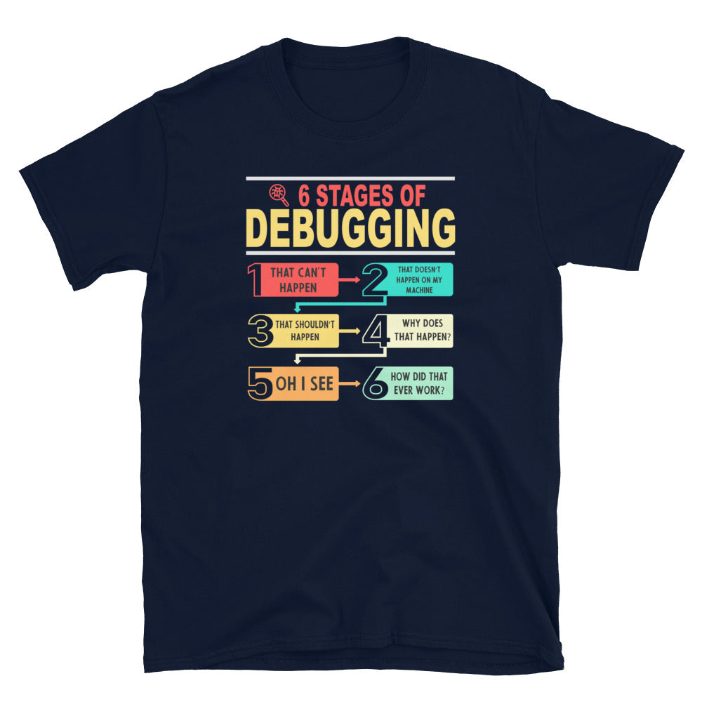 Software Developer Debugging T-Shirt - 6 Stages - Cuccico Design