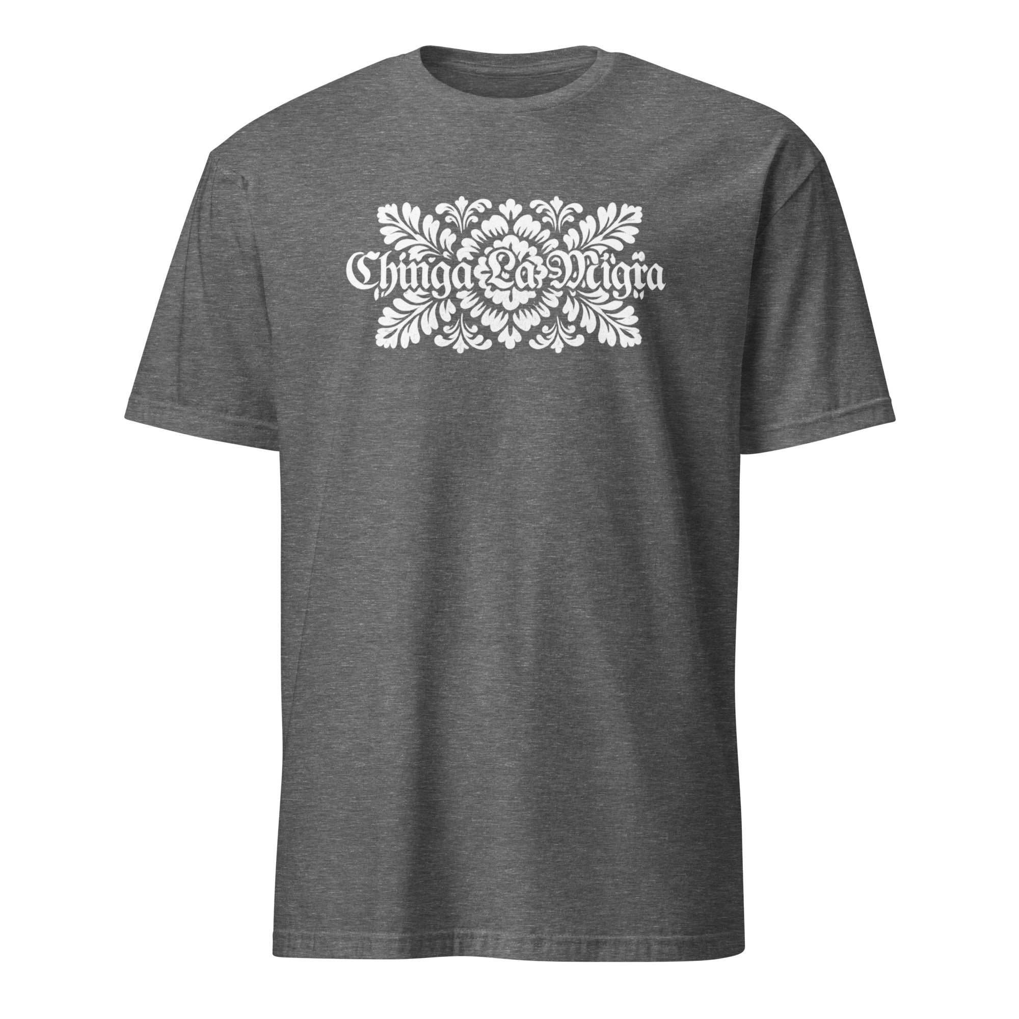 Cuccico Chinga La Migra T-Shirt in Graphite Heather supporting Abolish ICE and Immigration Reform cause