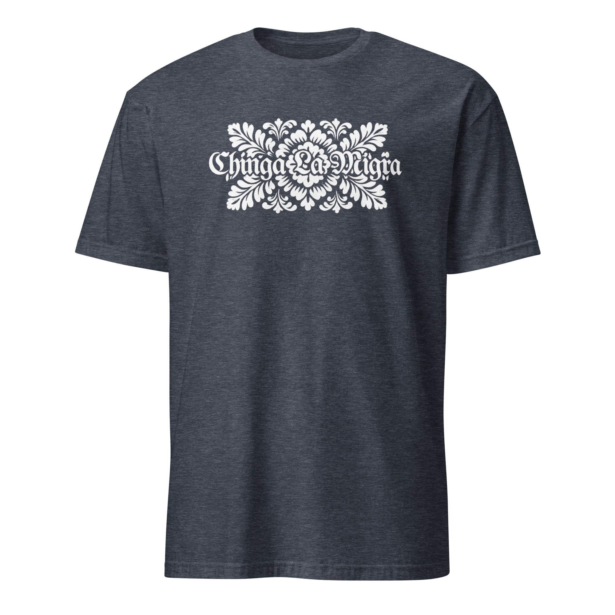 Cuccico Chinga La Migra T-Shirt in Heather Navy highlighting Abolish ICE and Immigration Reform message