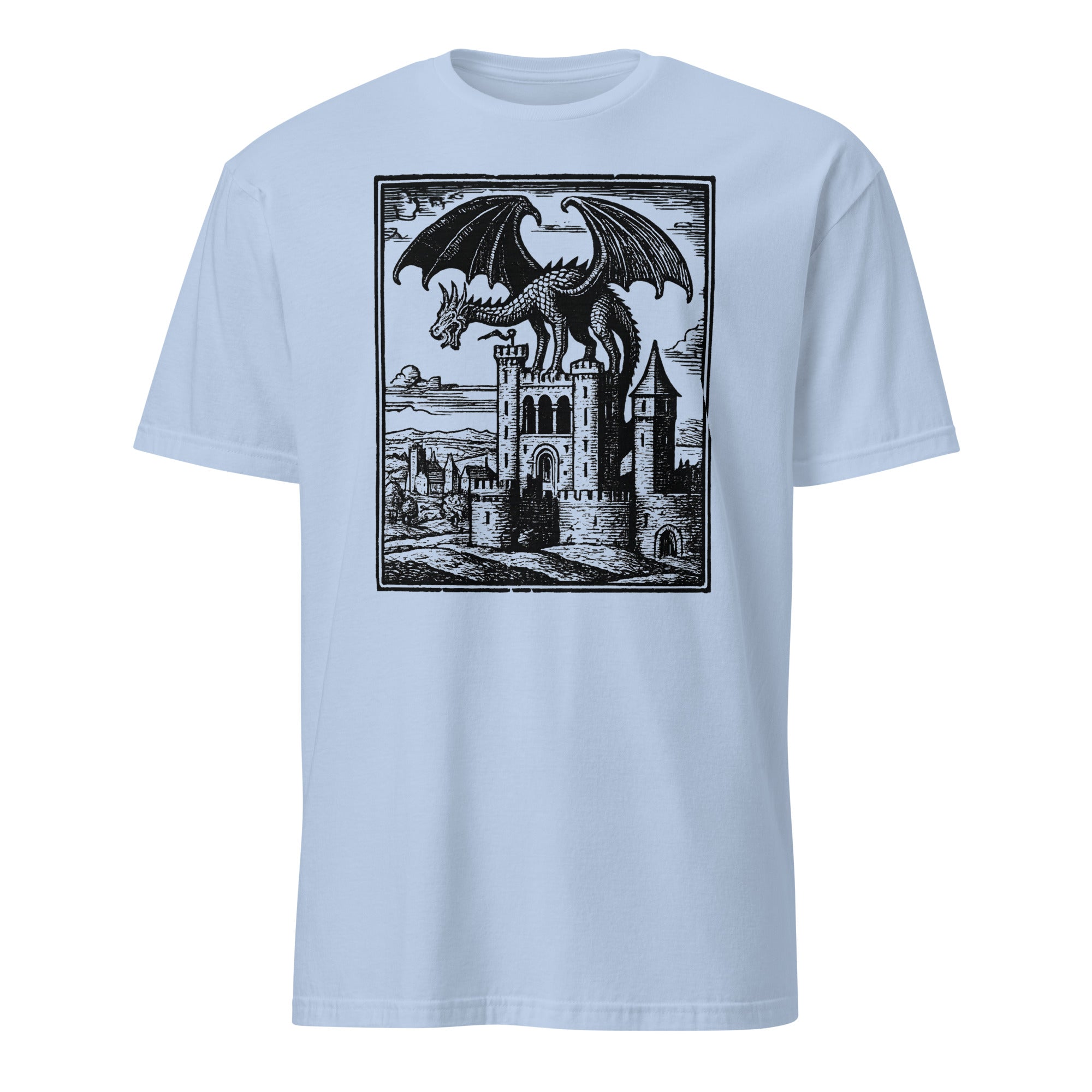 Light Blue Dragon Vintage Shirt with Medieval Graphic and Grimdark Tee design