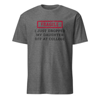 Graphite heather fragile shirt with college drop-off message by Cuccico