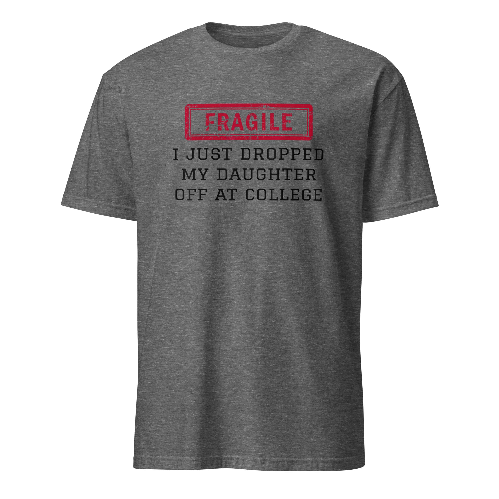 Graphite heather fragile shirt with college drop-off message by Cuccico