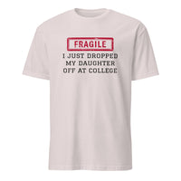 Ice grey fragile shirt with humorous college send-off text by Cuccico
