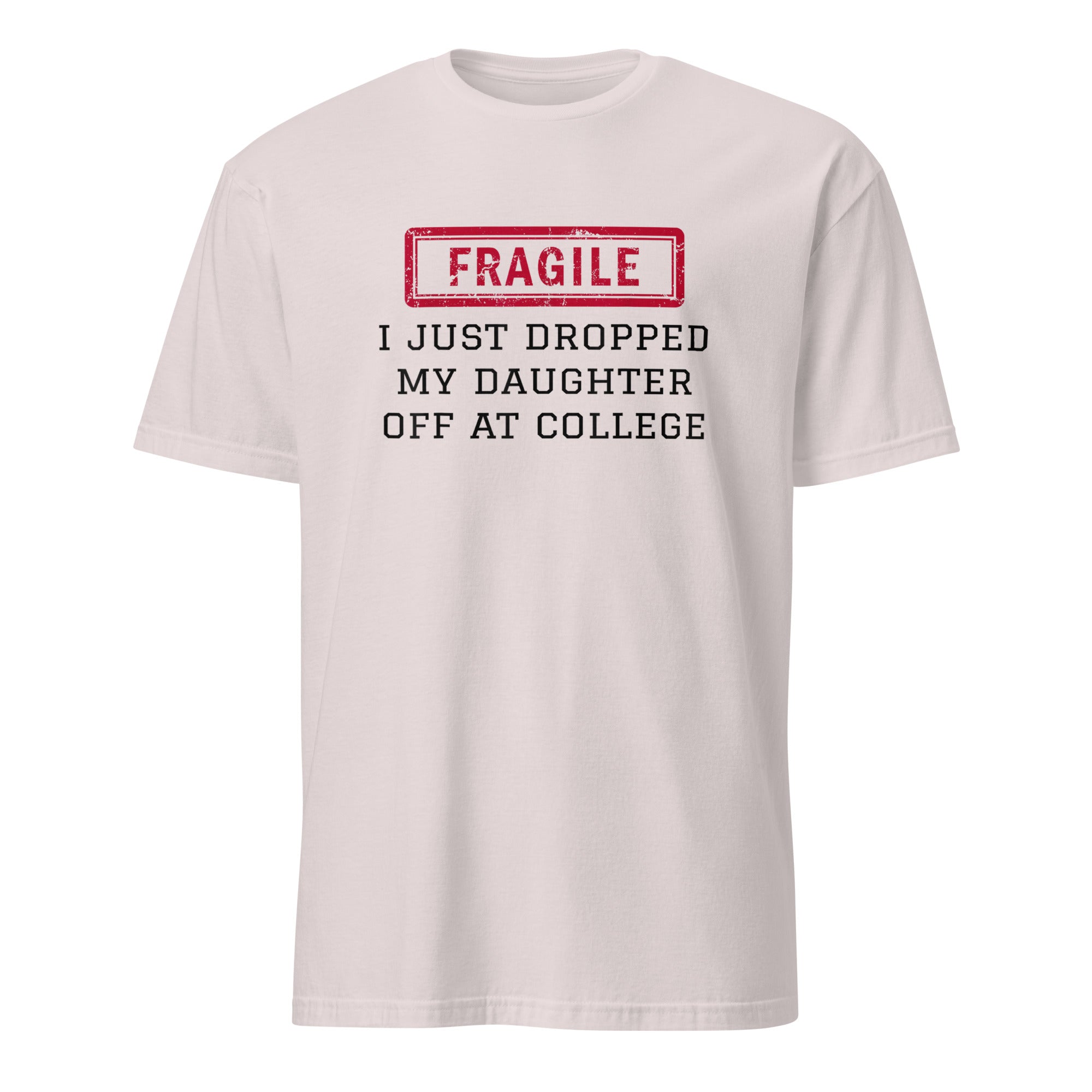 Ice grey fragile shirt with humorous college send-off text by Cuccico