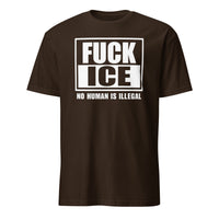 Dark Chocolate Fuck ICE Shirt from Cuccico with bold No Human Is Illegal and Anti ICE slogan