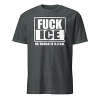 Dark Heather Fuck ICE Shirt by Cuccico with No Human Is Illegal and Anti ICE protest statement