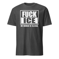 Dark Heather Grey Fuck ICE Shirt from Cuccico with No Human Is Illegal and Anti ICE activism print
