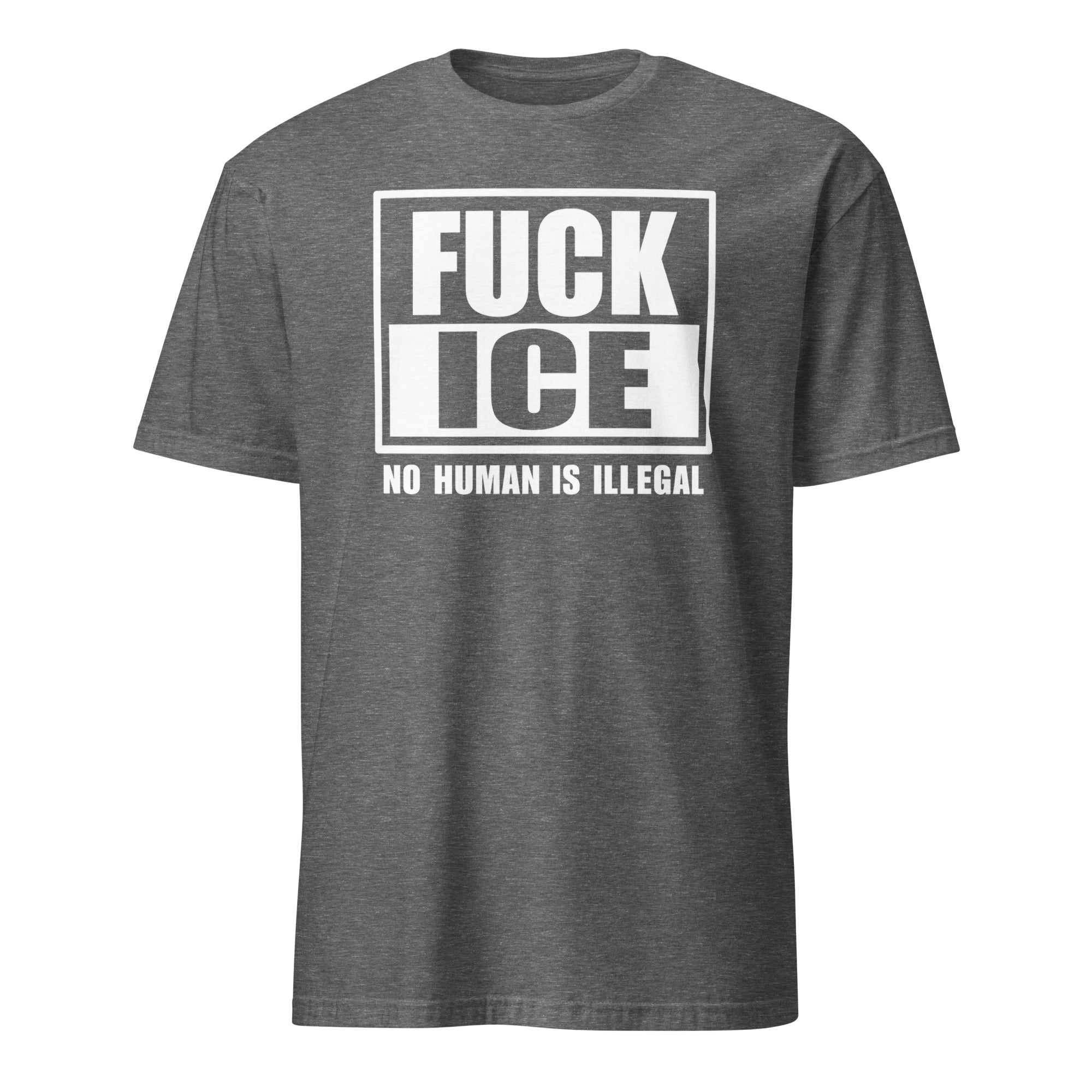 Graphite Heather Fuck ICE Shirt by Cuccico featuring bold No Human Is Illegal and Anti ICE graphic