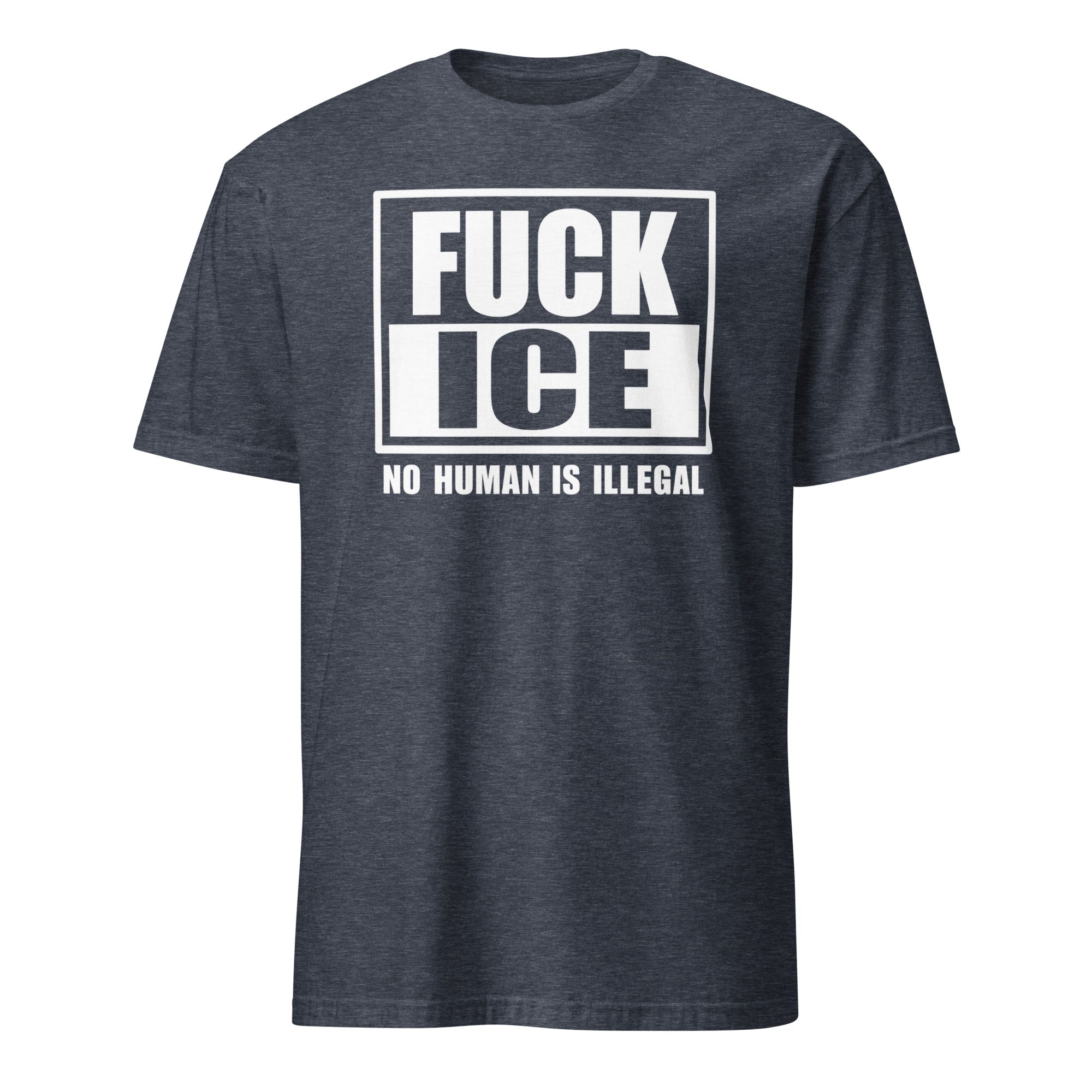 Heather Navy Fuck ICE Shirt by Cuccico highlighting No Human Is Illegal and Anti ICE design