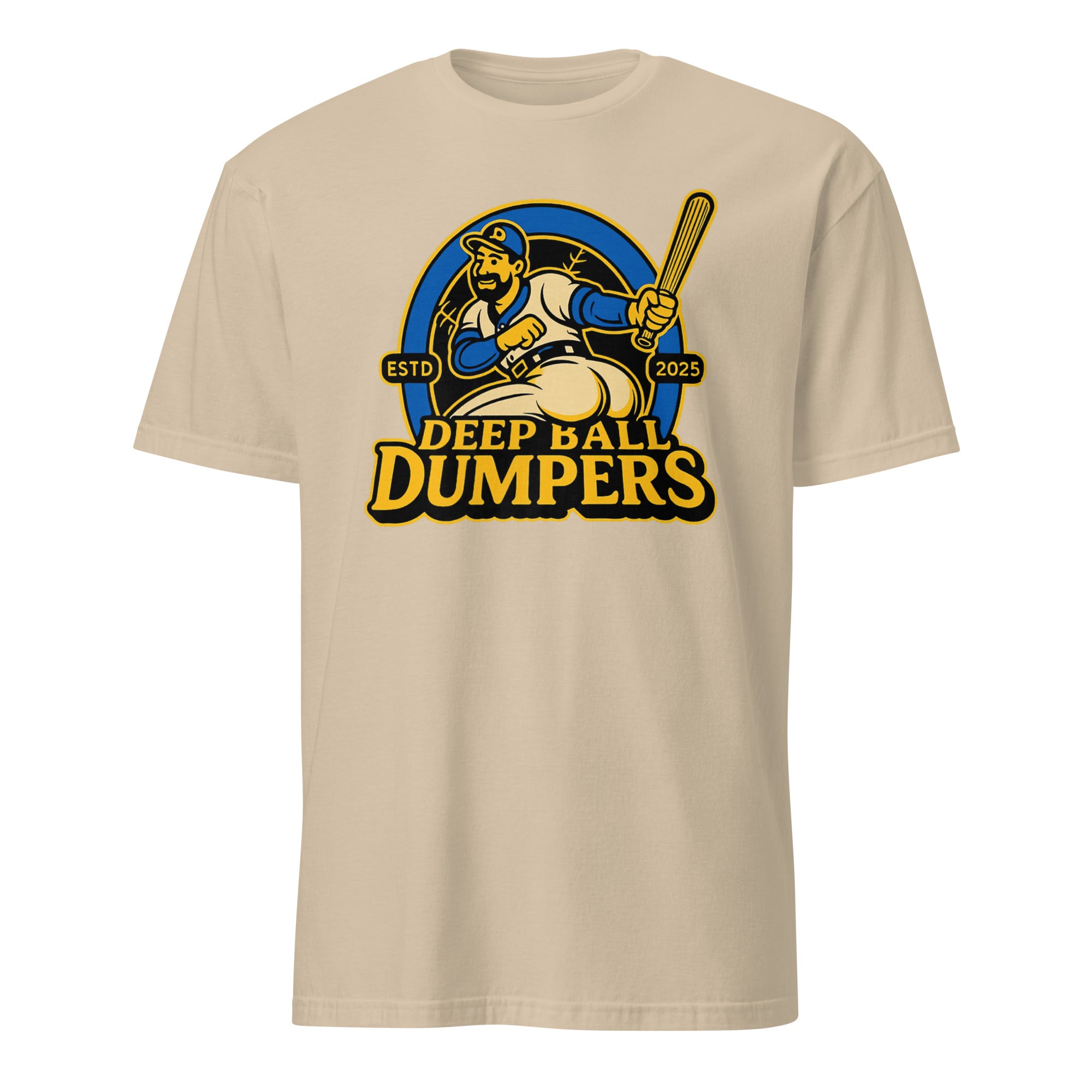 Funny retro baseball mascot t shirt Deep Ball Dumpers design in daisy yellow
