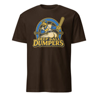 Funny retro baseball mascot t shirt Deep Ball Dumpers design in dark chocolate