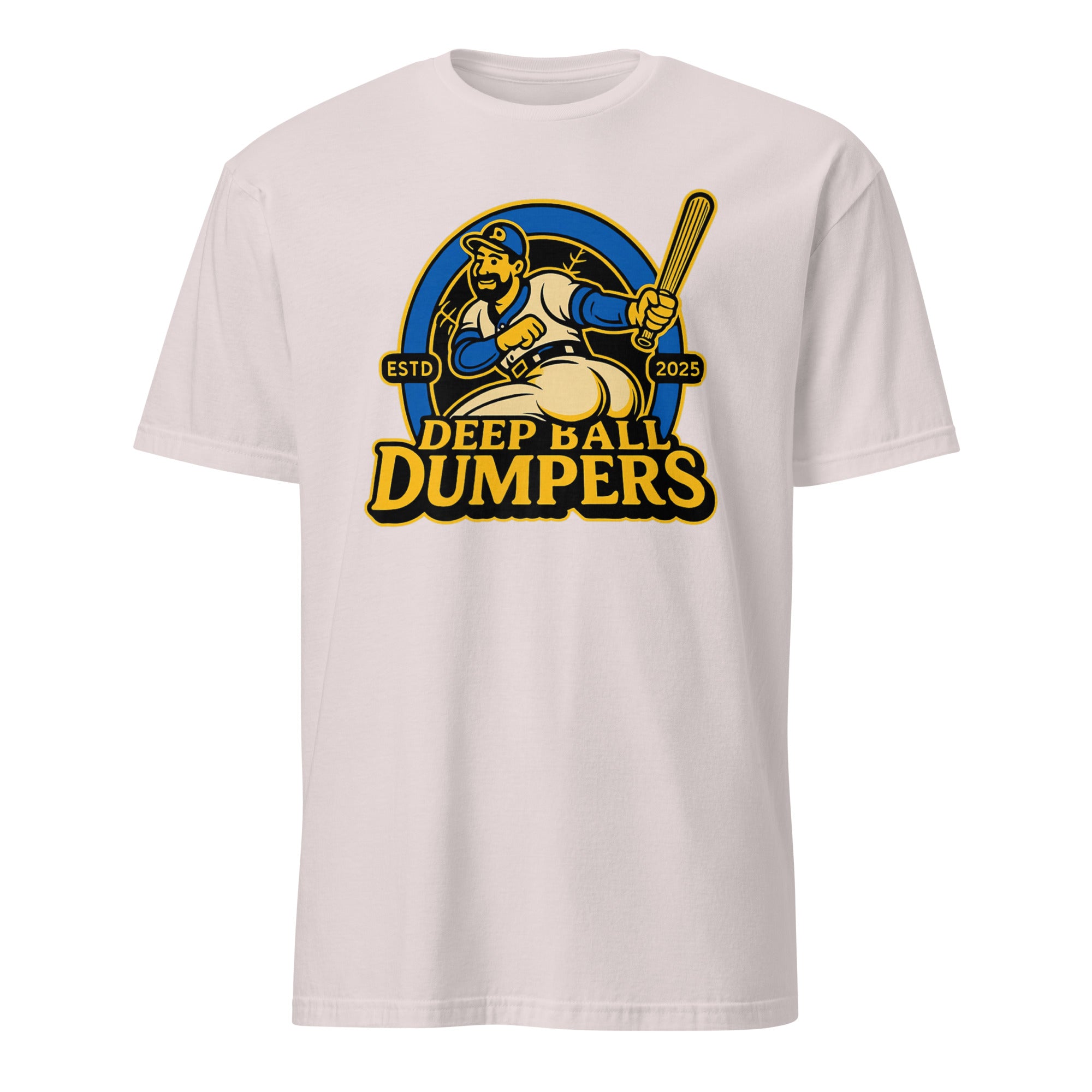 Funny retro baseball mascot t shirt Deep Ball Dumpers design in ice grey