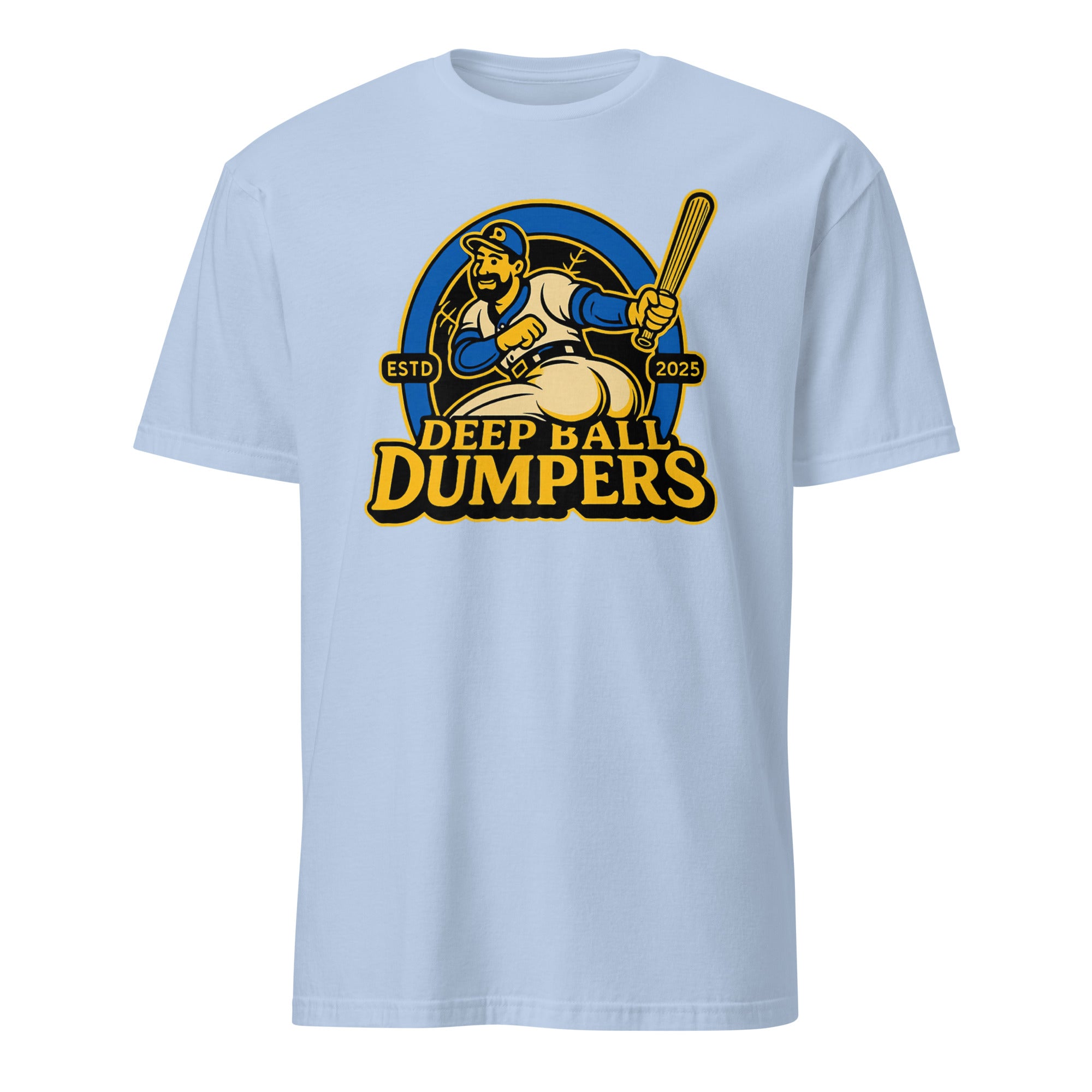 Funny retro baseball mascot t shirt Deep Ball Dumpers design in light blue