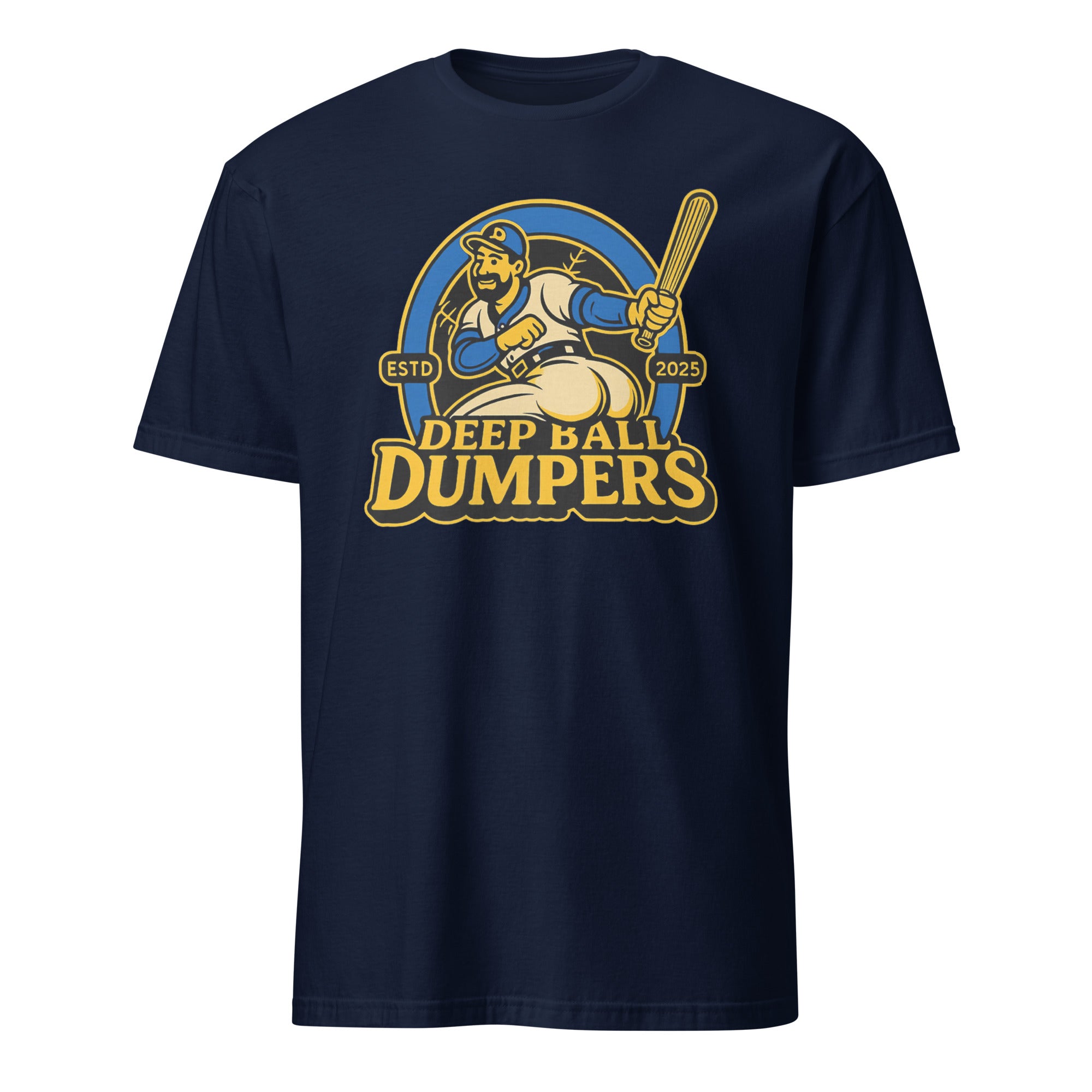 Funny retro baseball mascot t shirt Deep Ball Dumpers design in navy