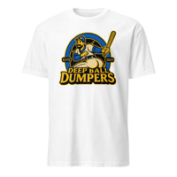 Funny retro baseball mascot t shirt Deep Ball Dumpers design in white