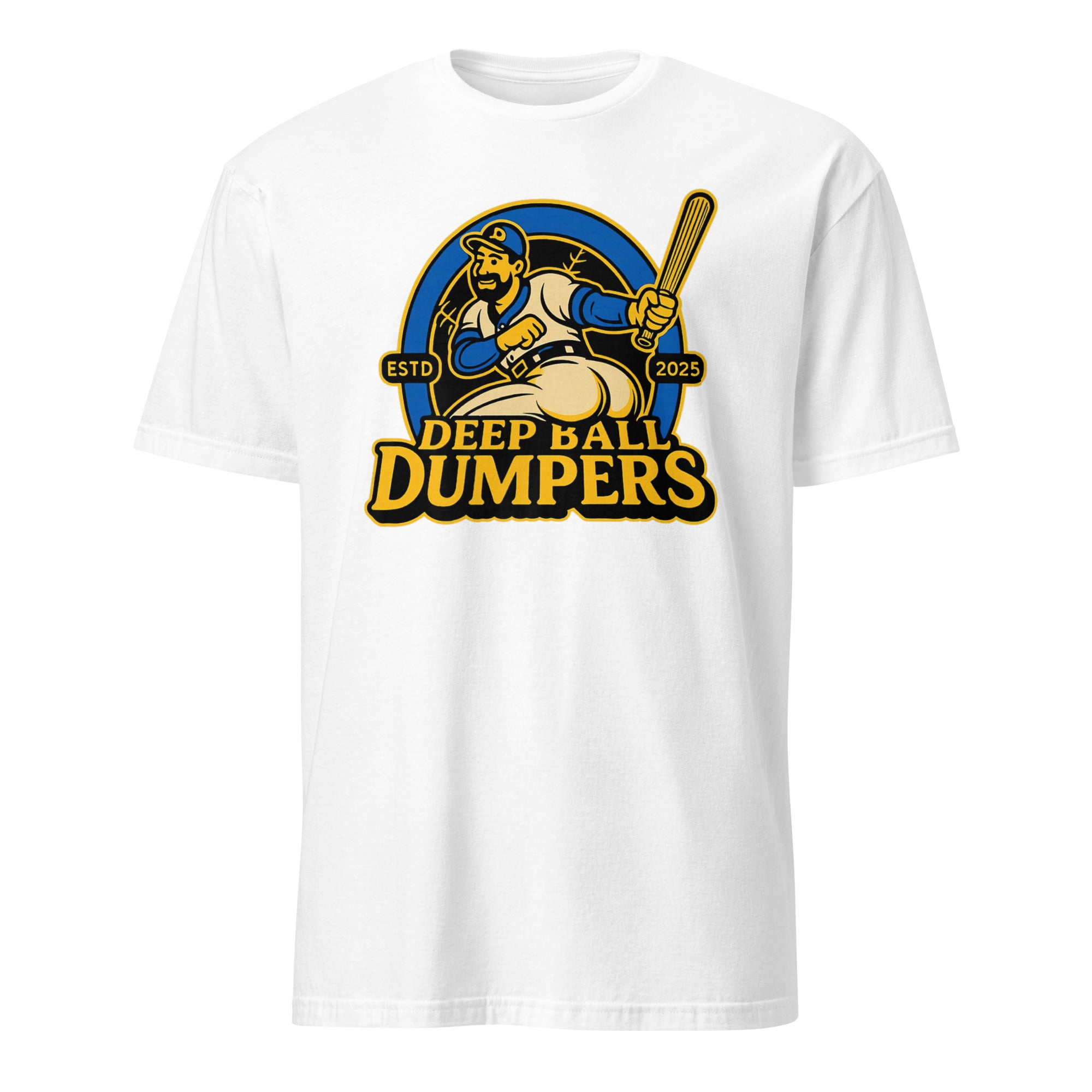 Funny retro baseball mascot t shirt Deep Ball Dumpers design in white