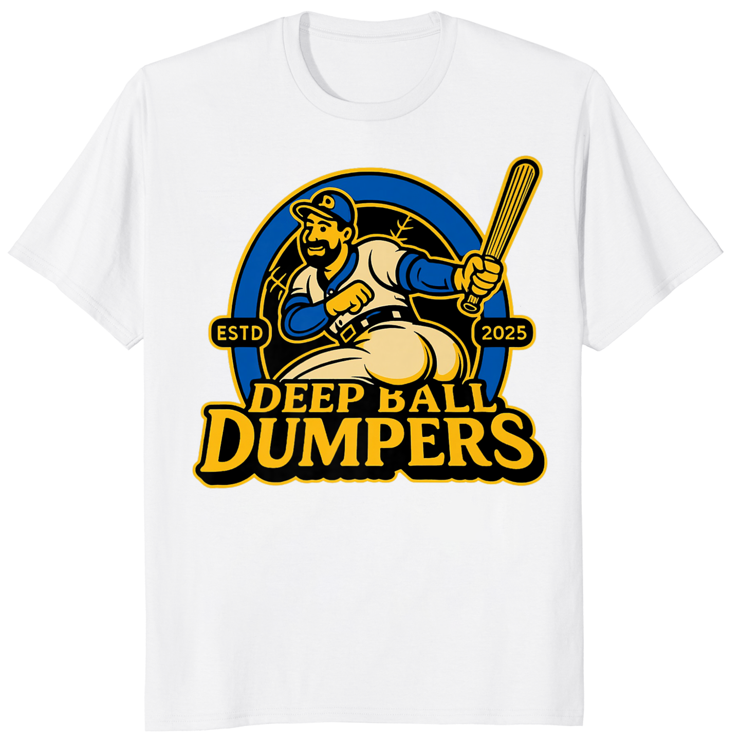 Funny retro baseball mascot t shirt Deep Ball Dumpers design in white