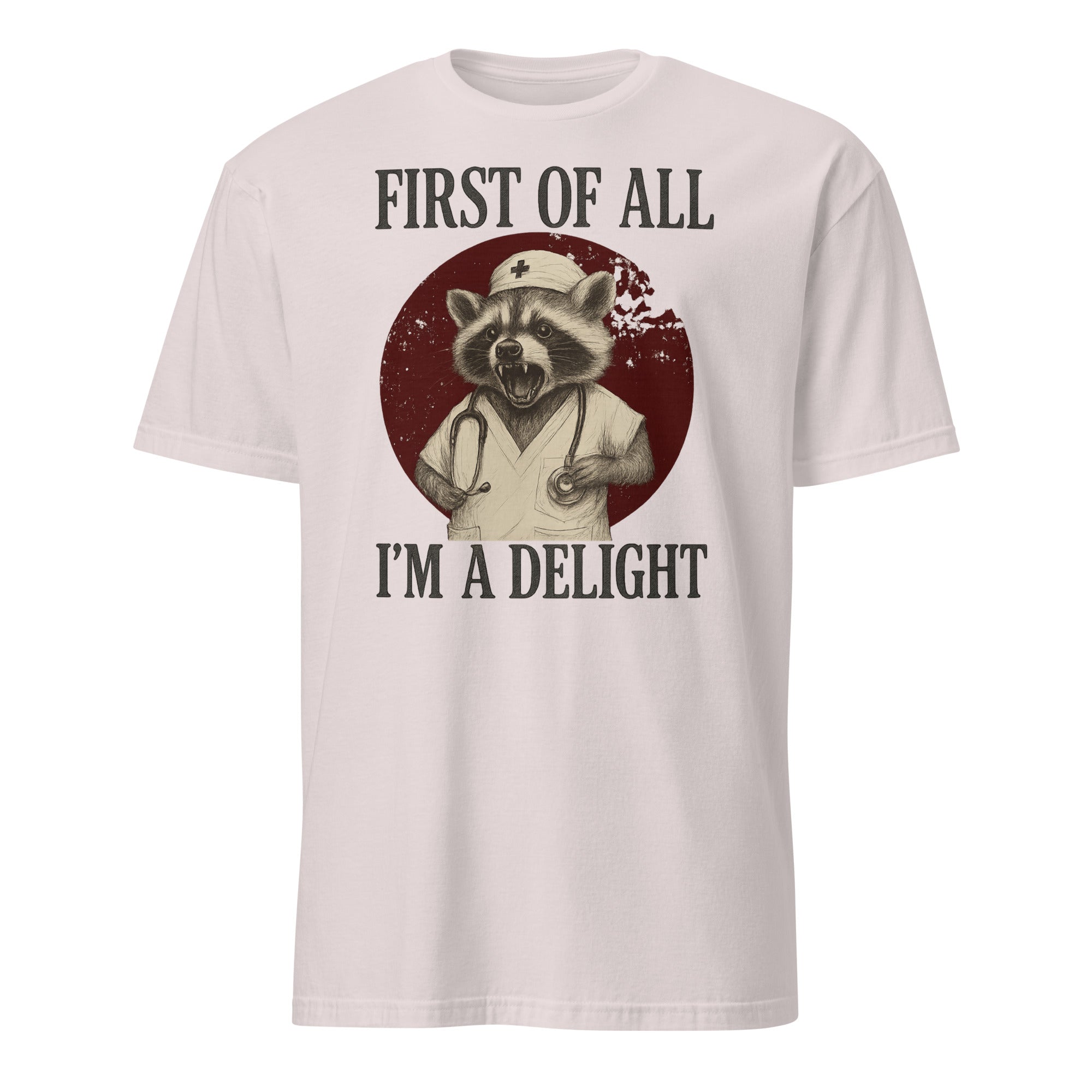 Cuccico First Of All I’m A Delight Raccoon Nurse Tee in Ice Grey