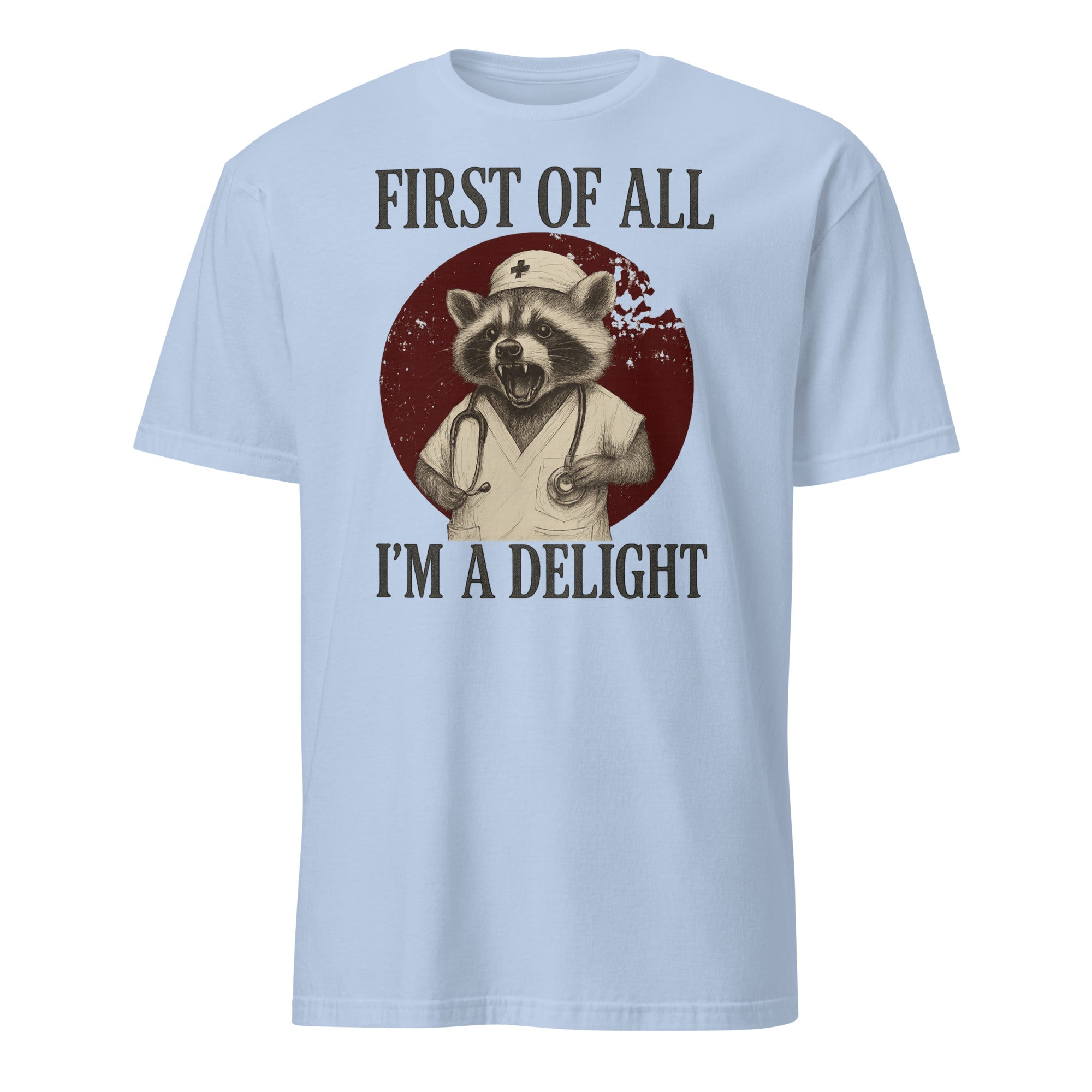 Cuccico First Of All I’m A Delight Raccoon Nurse Tee in Light Blue