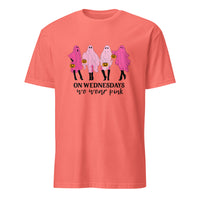 Coral silk On Wednesday We Wear Pink Ghost Shirt by Cuccico – Cute Mean Girls Halloween Tee