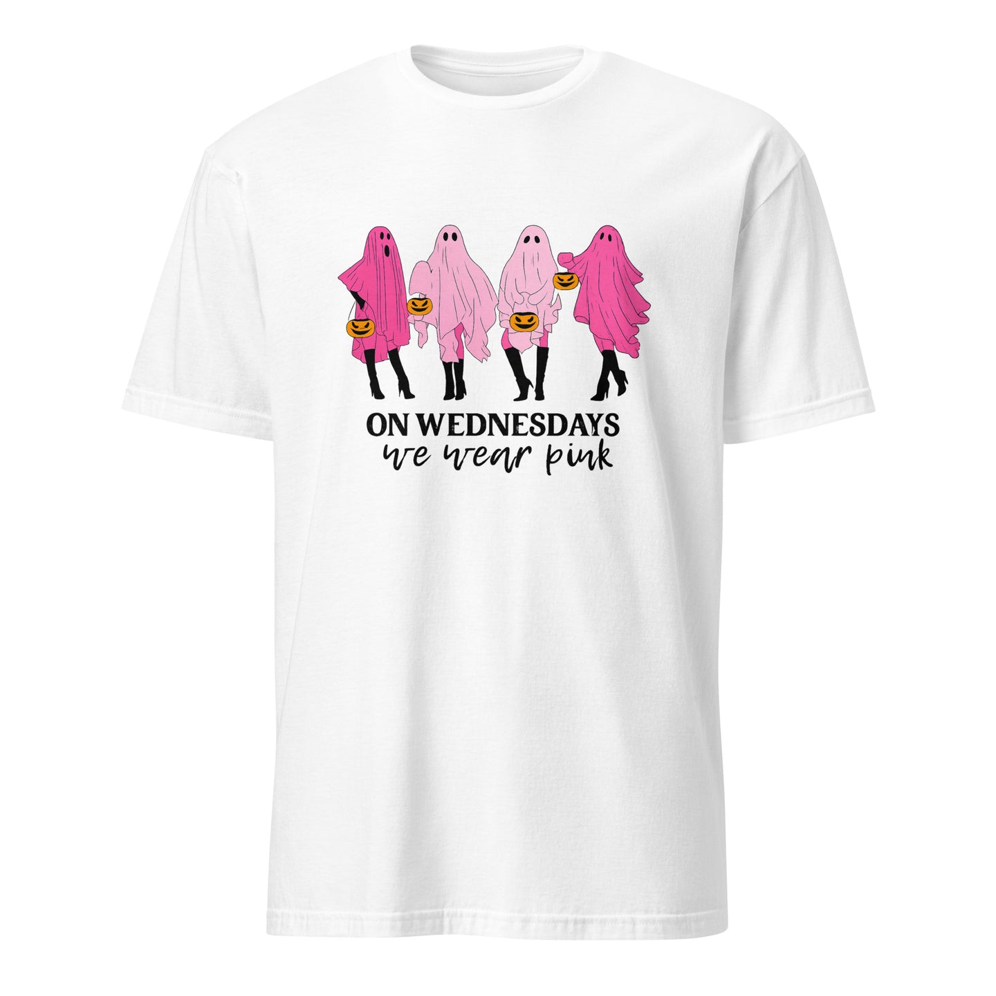 White On Wednesday We Wear Pink Ghost Shirt by Cuccico – Classic Pink Ghost Halloween Tee