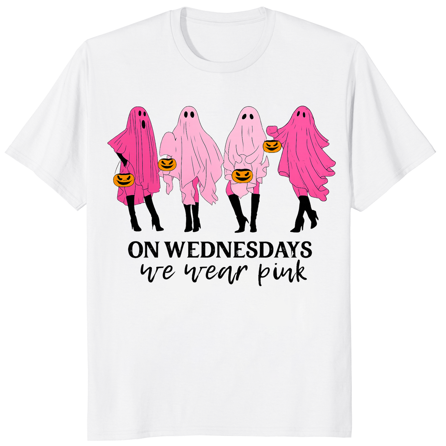 White On Wednesday We Wear Pink Ghost Shirt by Cuccico – Classic Pink Ghost Halloween Tee