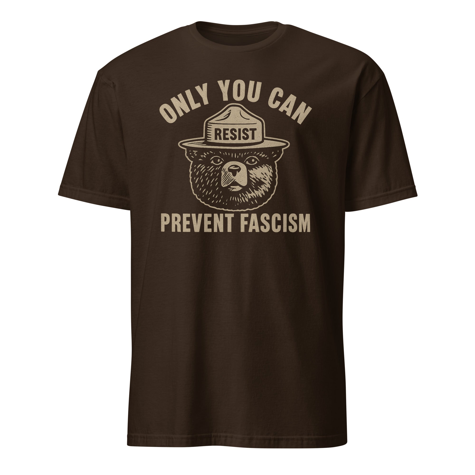 Only You Can Prevent Fascism Shirt in dark chocolate brown by Cuccico – eco-conscious activist shirt