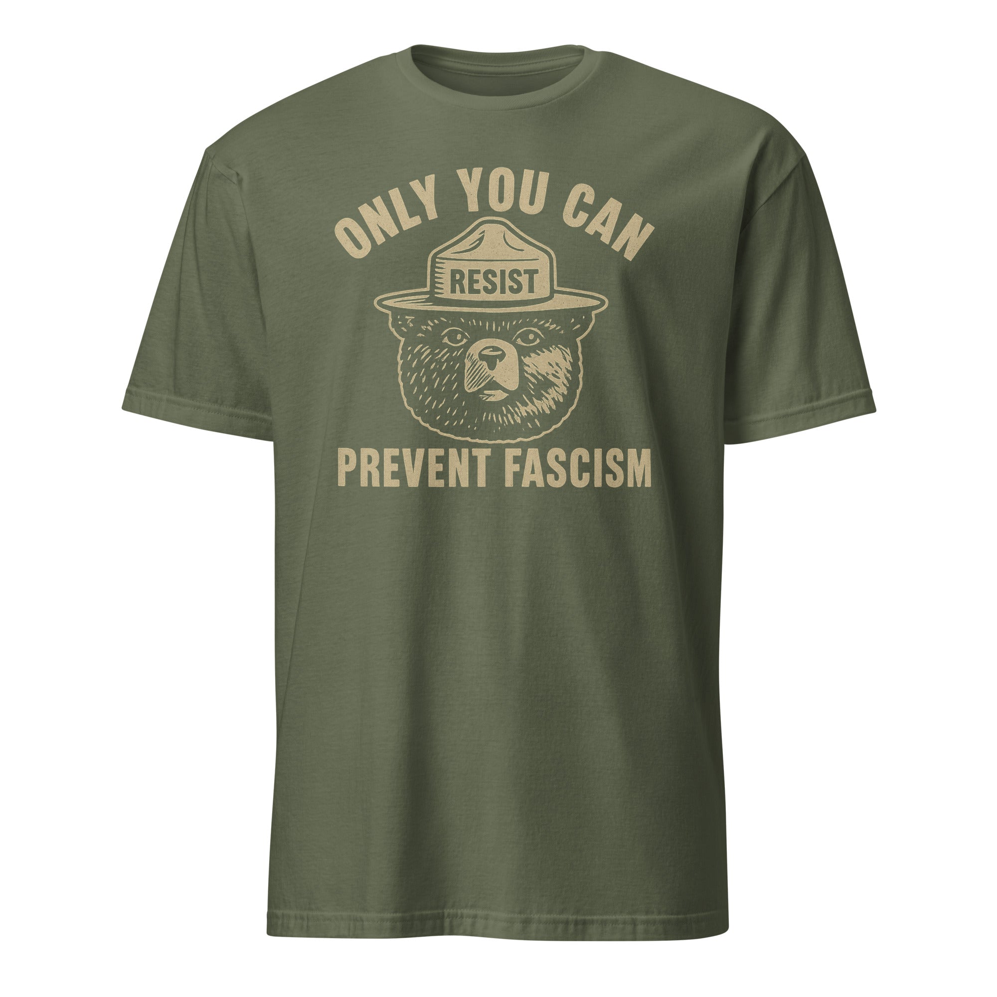 Only You Can Prevent Fascism Shirt in military green by Cuccico – eco-friendly activist protest tee