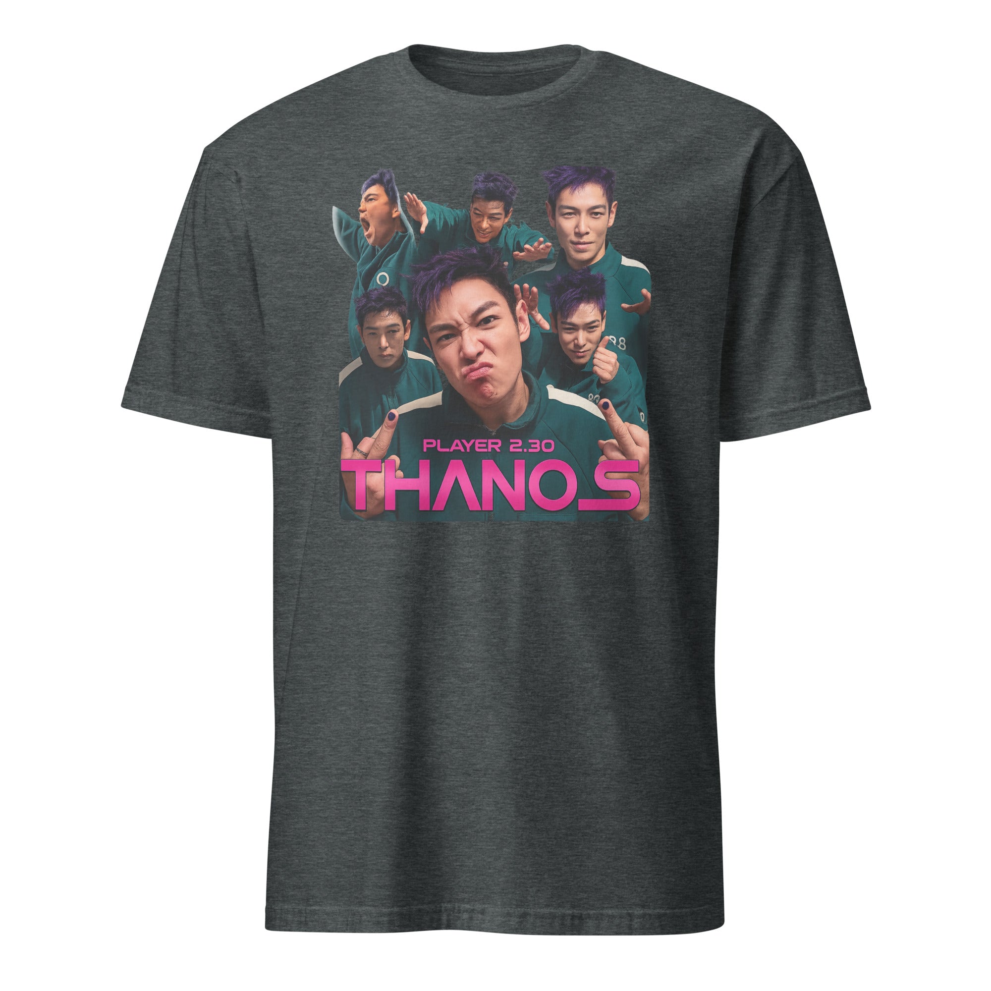Dark heather Squid Game Player 230 shirt with Thanos design by Cuccico