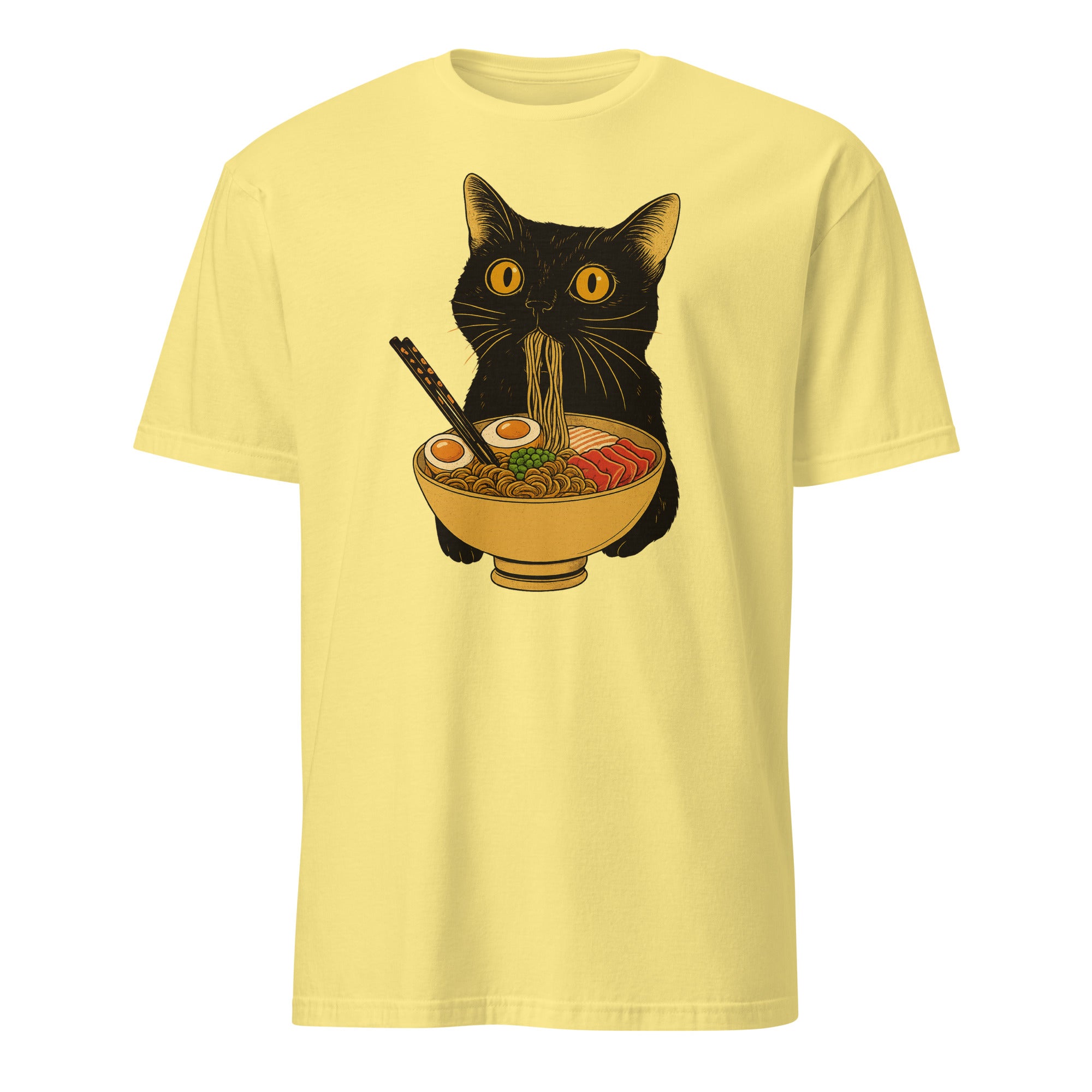 Ramen Black Cat T-Shirt in Cornsilk – Soft Yellow Anime Cat Food Tee