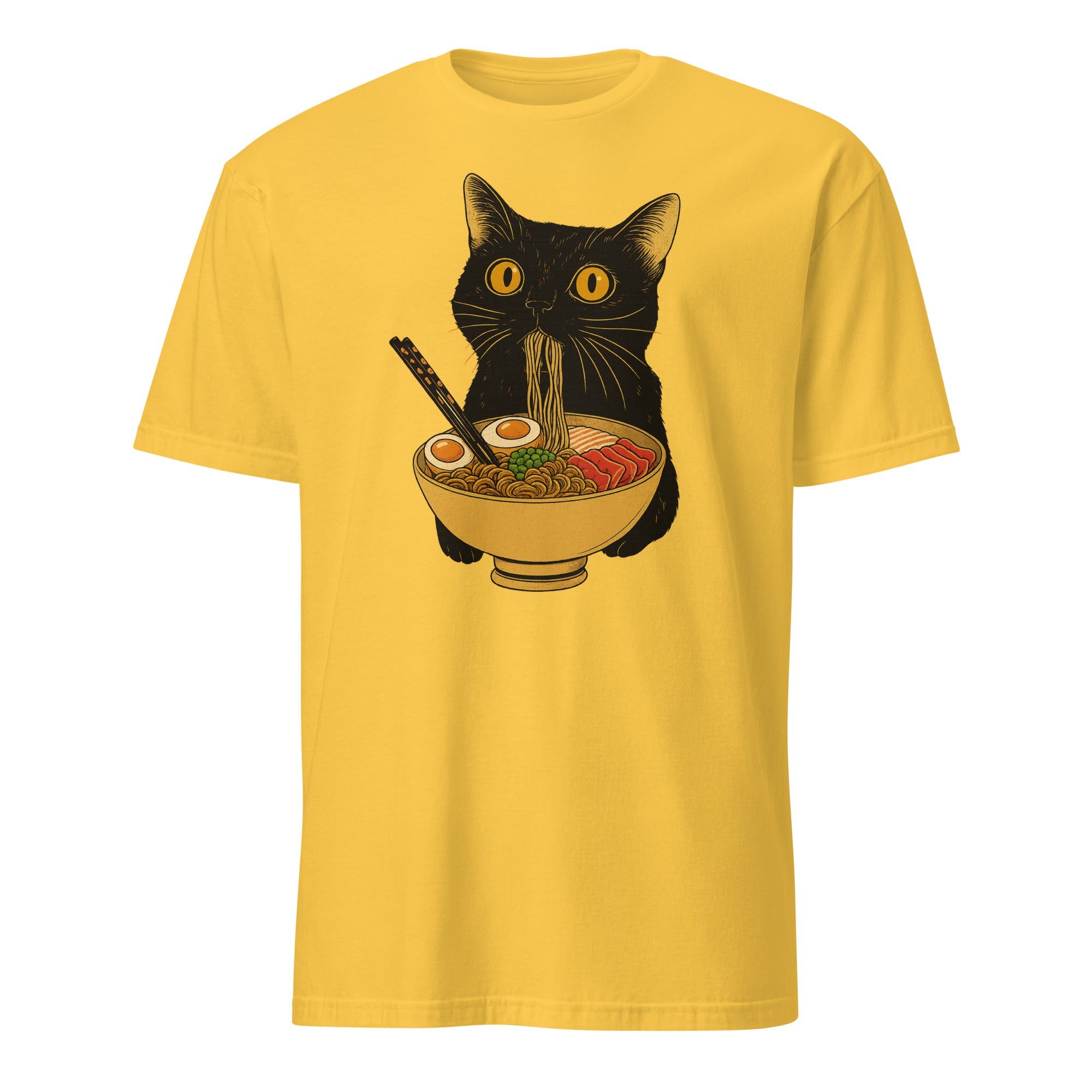 Ramen Black Cat T-Shirt in Daisy – Bright Kawaii Ramen Cat Meme Tee