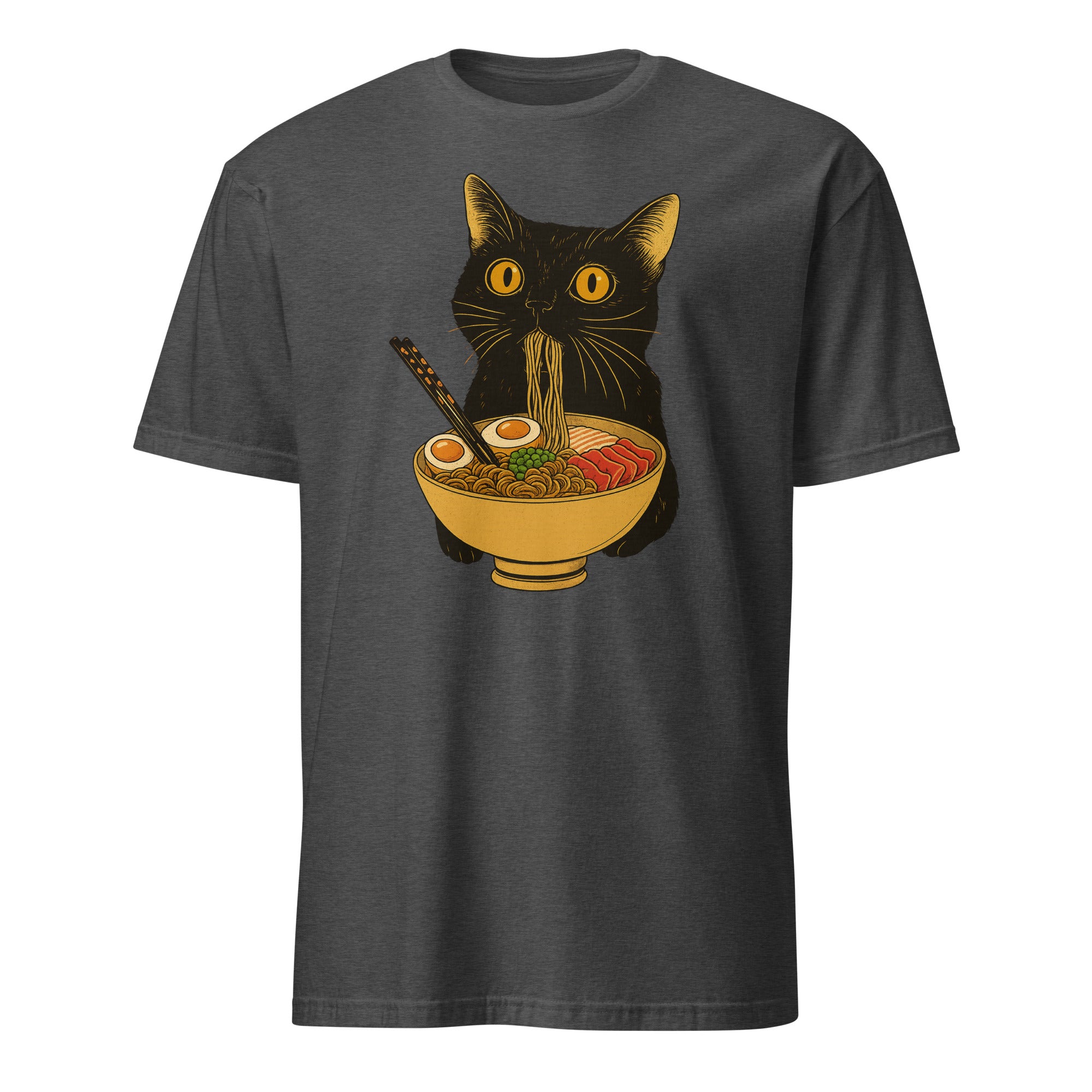 Ramen Black Cat T-Shirt in Dark Heather Grey – Funny Anime Foodie Shirt