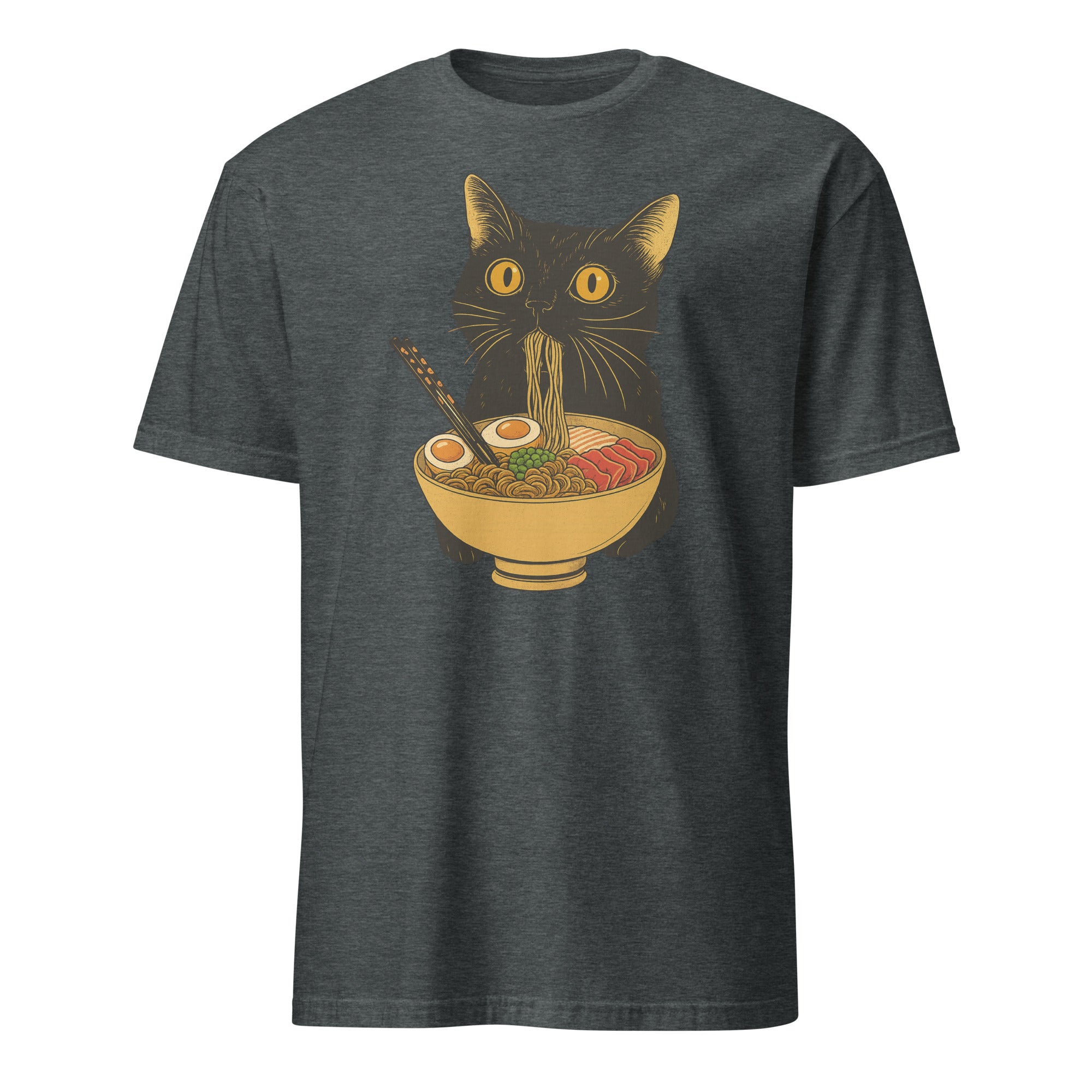 Ramen Black Cat T-Shirt in Dark Heather – Bold Cat and Ramen Graphic Tee