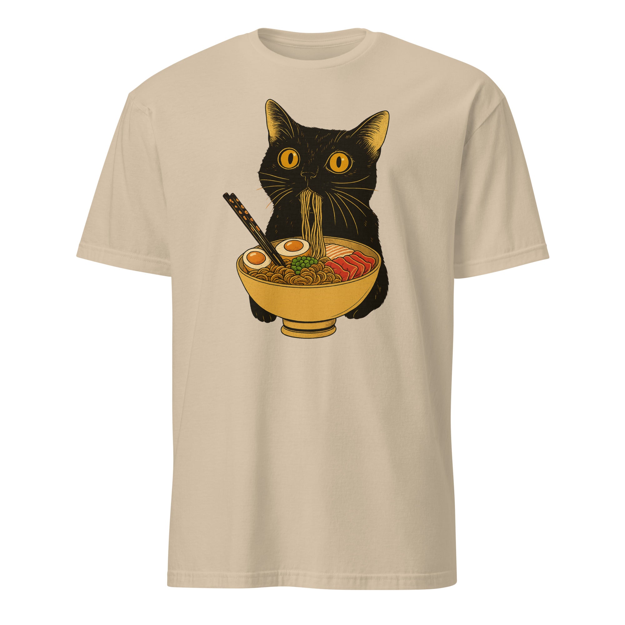 Ramen Black Cat T-Shirt in Sand – Vintage Cat and Noodle Tee for Food Lovers
