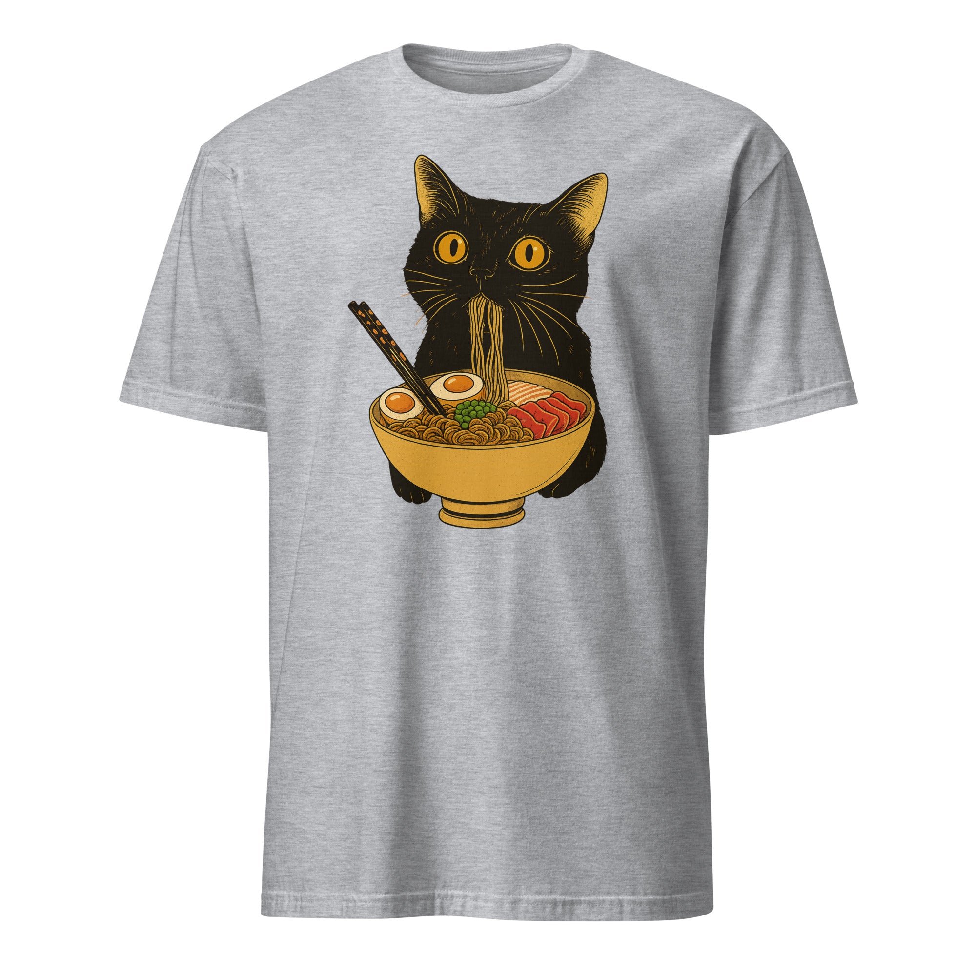 Ramen Black Cat T-Shirt in Sport Grey – Soft Unisex Tee for Cat and Ramen Lovers