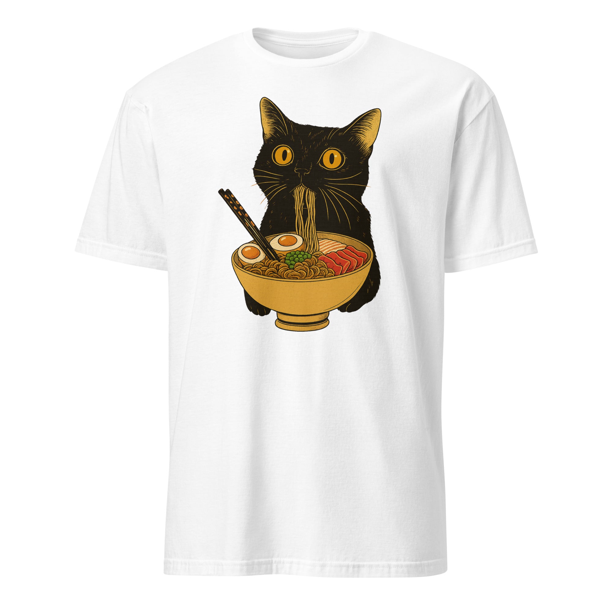 Ramen Black Cat T-Shirt in White – Japanese Noodle Cat Shirt for Anime Fans
