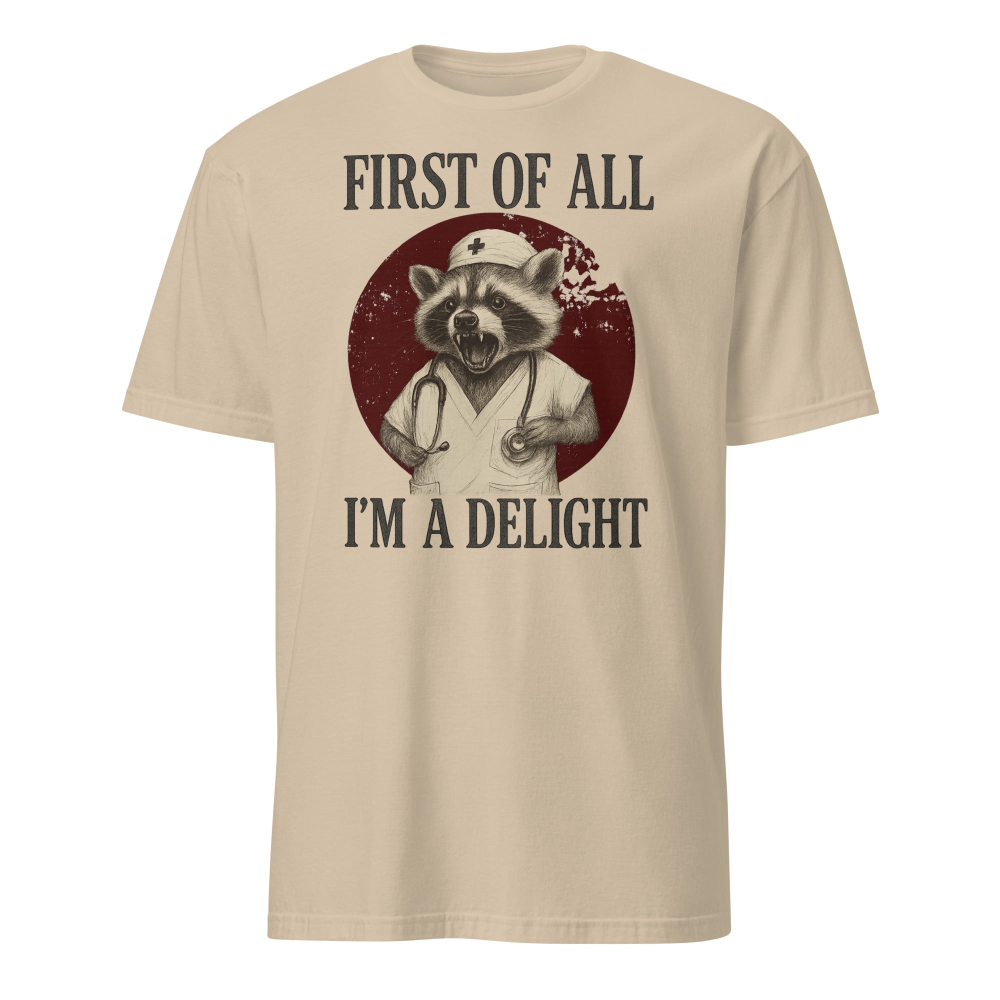 Cuccico First Of All I’m A Delight Raccoon Nurse Tee in Sand