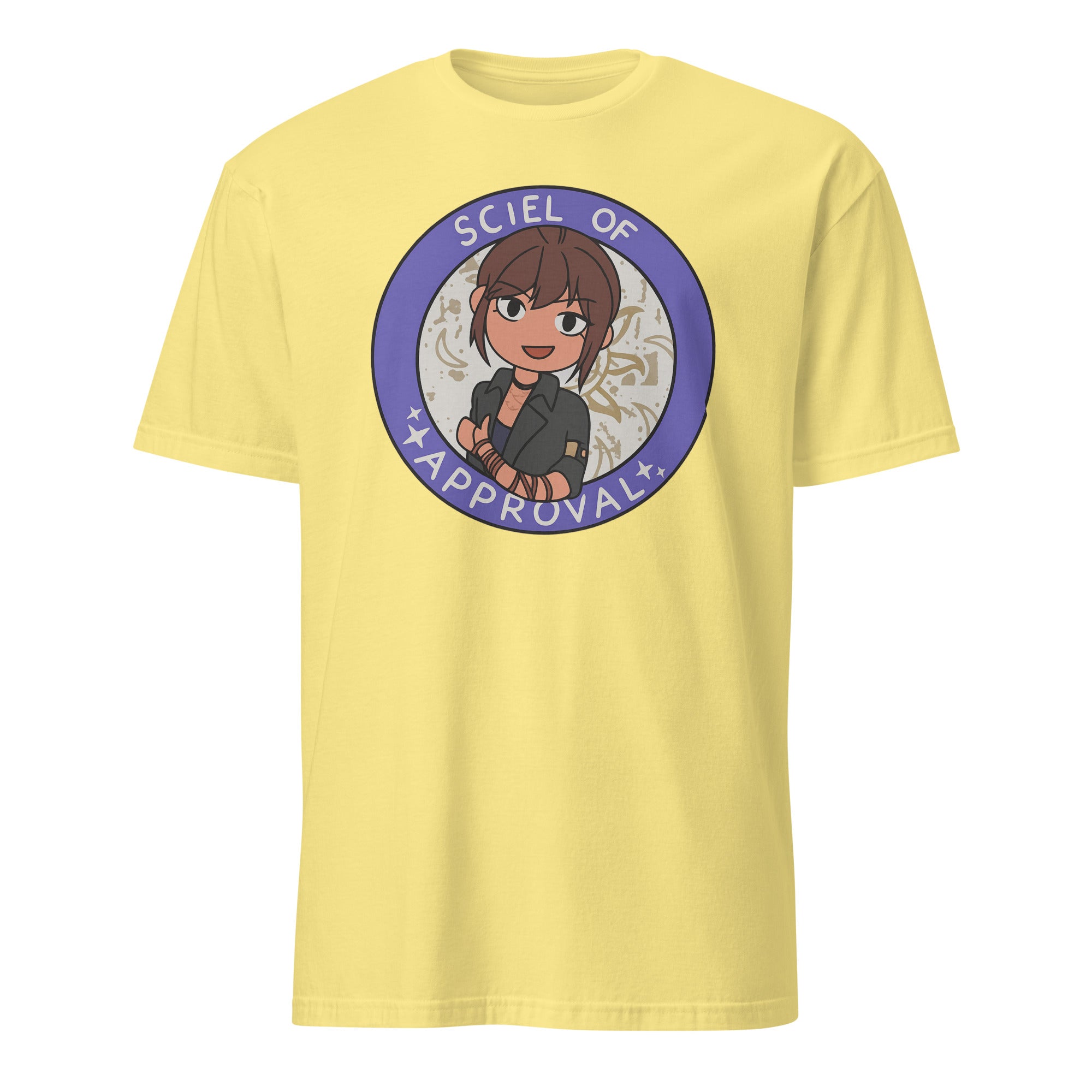 Sciel of Approval T-Shirt in cornsilk yellow with Clair Obscur Expedition 33 anime design by Cuccico