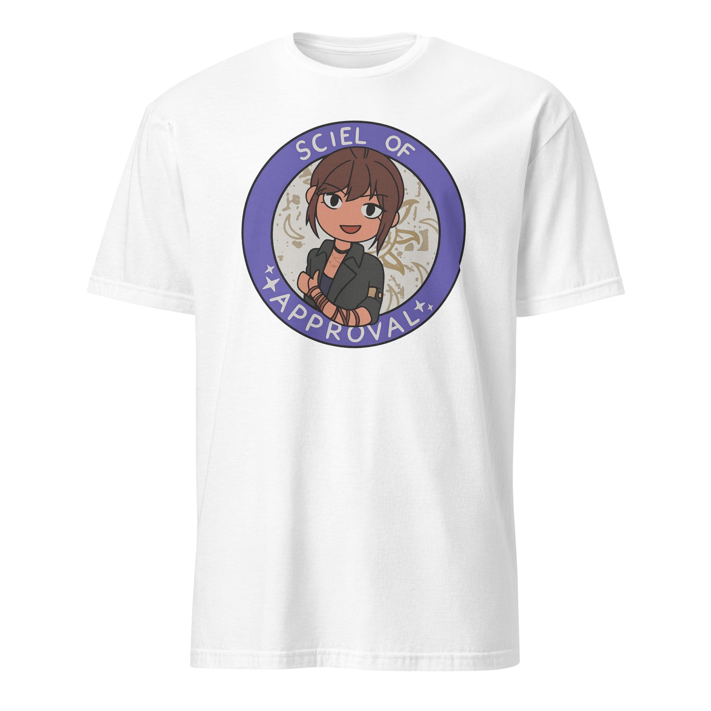 Sciel of Approval T-Shirt in white color featuring anime gaming artwork from Clair Obscur Expedition 33 by Cuccico