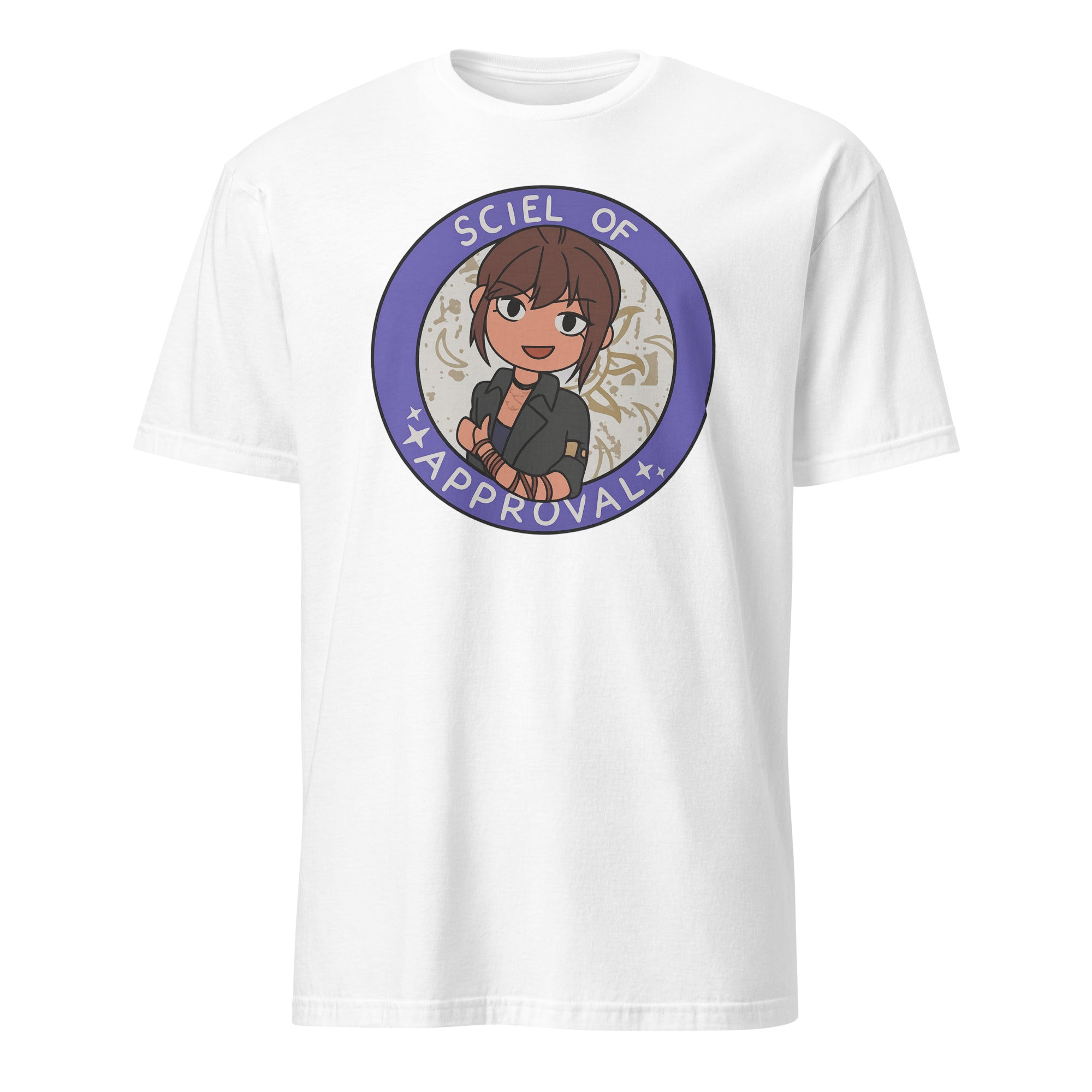 Sciel of Approval T-Shirt in white color featuring anime gaming artwork from Clair Obscur Expedition 33 by Cuccico