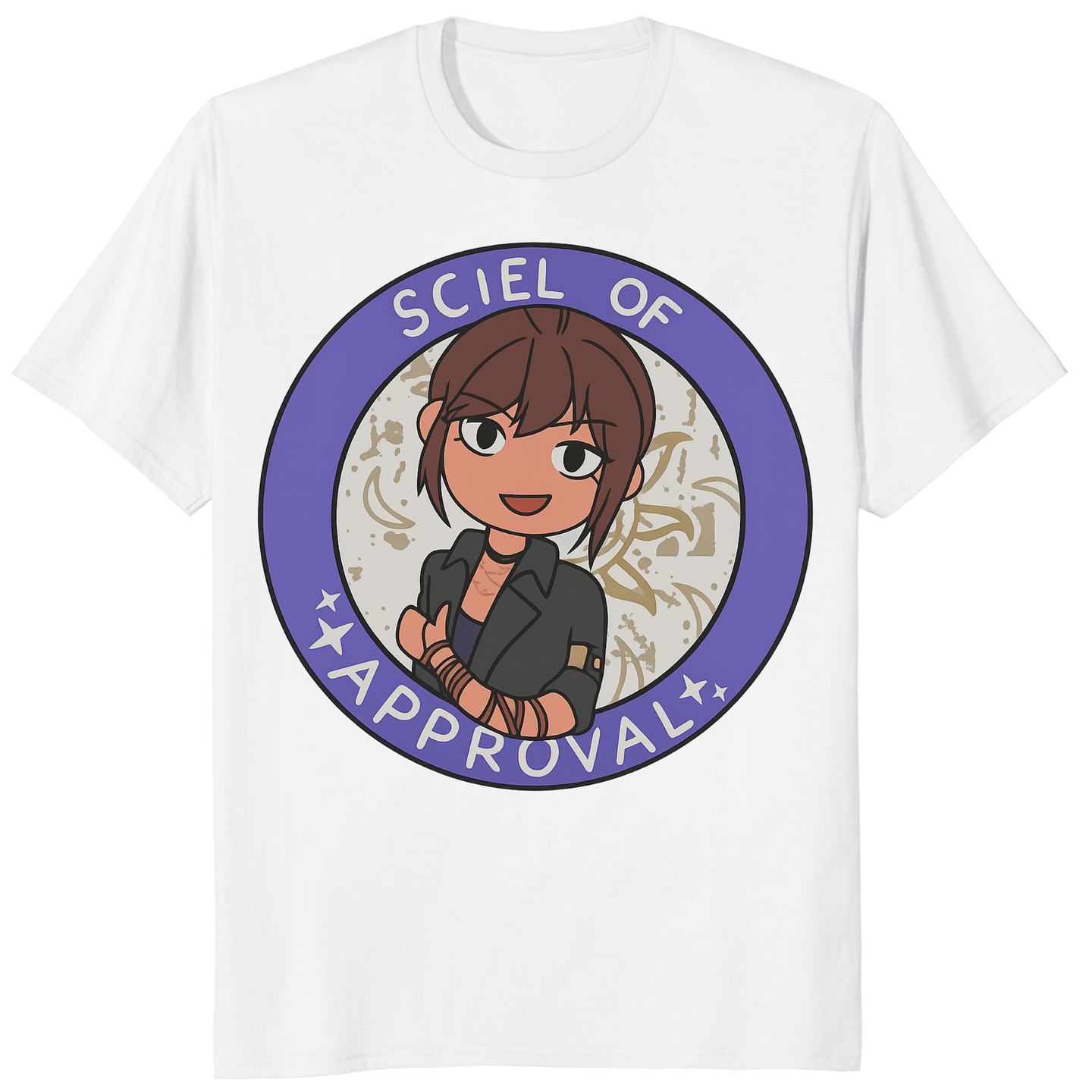 Sciel of Approval T-Shirt in white color featuring anime gaming artwork from Clair Obscur Expedition 33 by Cuccico