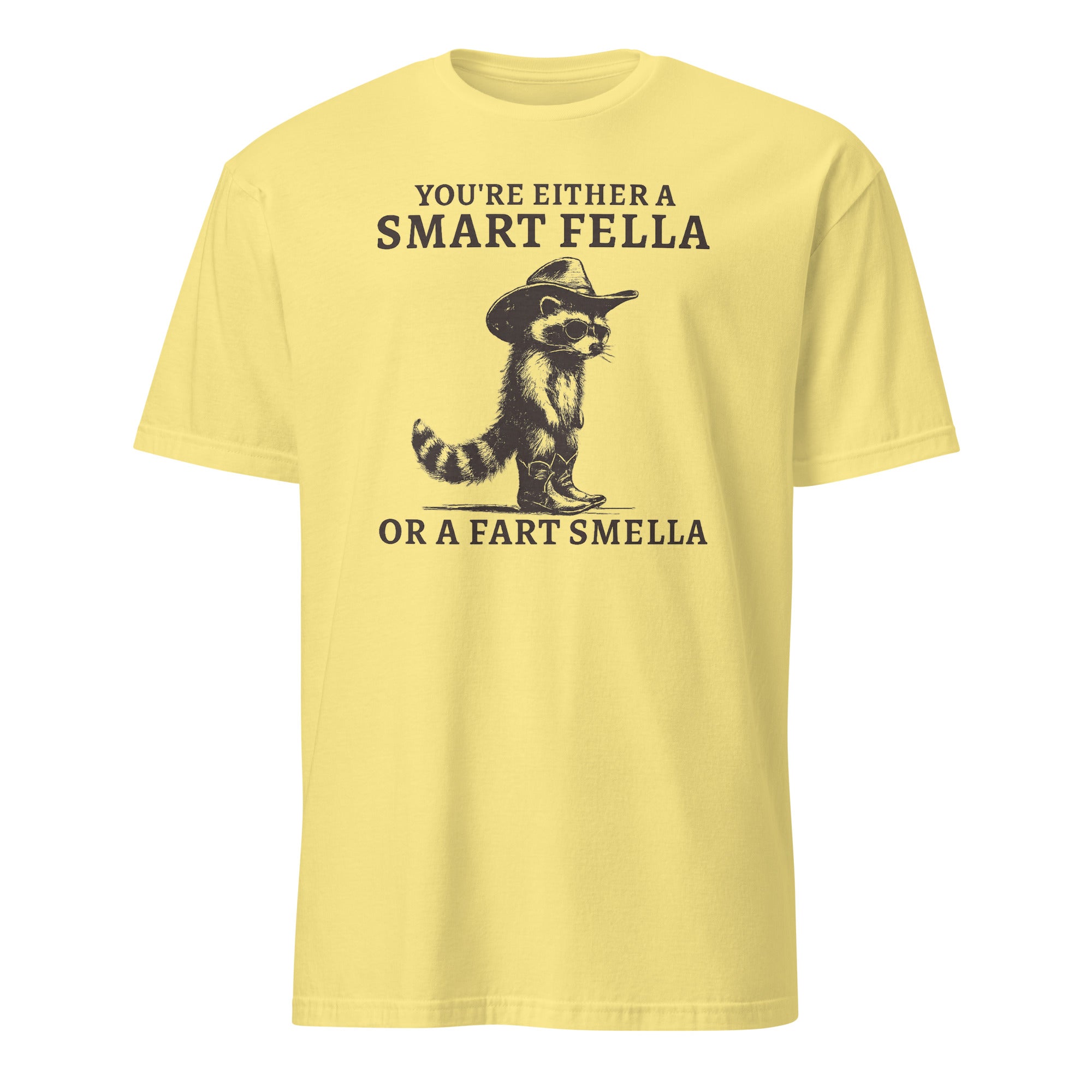 Cornsilk yellow Smart Fella or Fart Smella Retro Raccoon Shirt by Cuccico