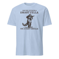Light blue Smart Fella or Fart Smella Retro Raccoon Shirt by Cuccico
