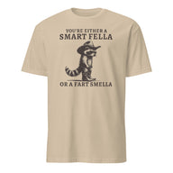 Sand color Smart Fella or Fart Smella Retro Raccoon Shirt by Cuccico