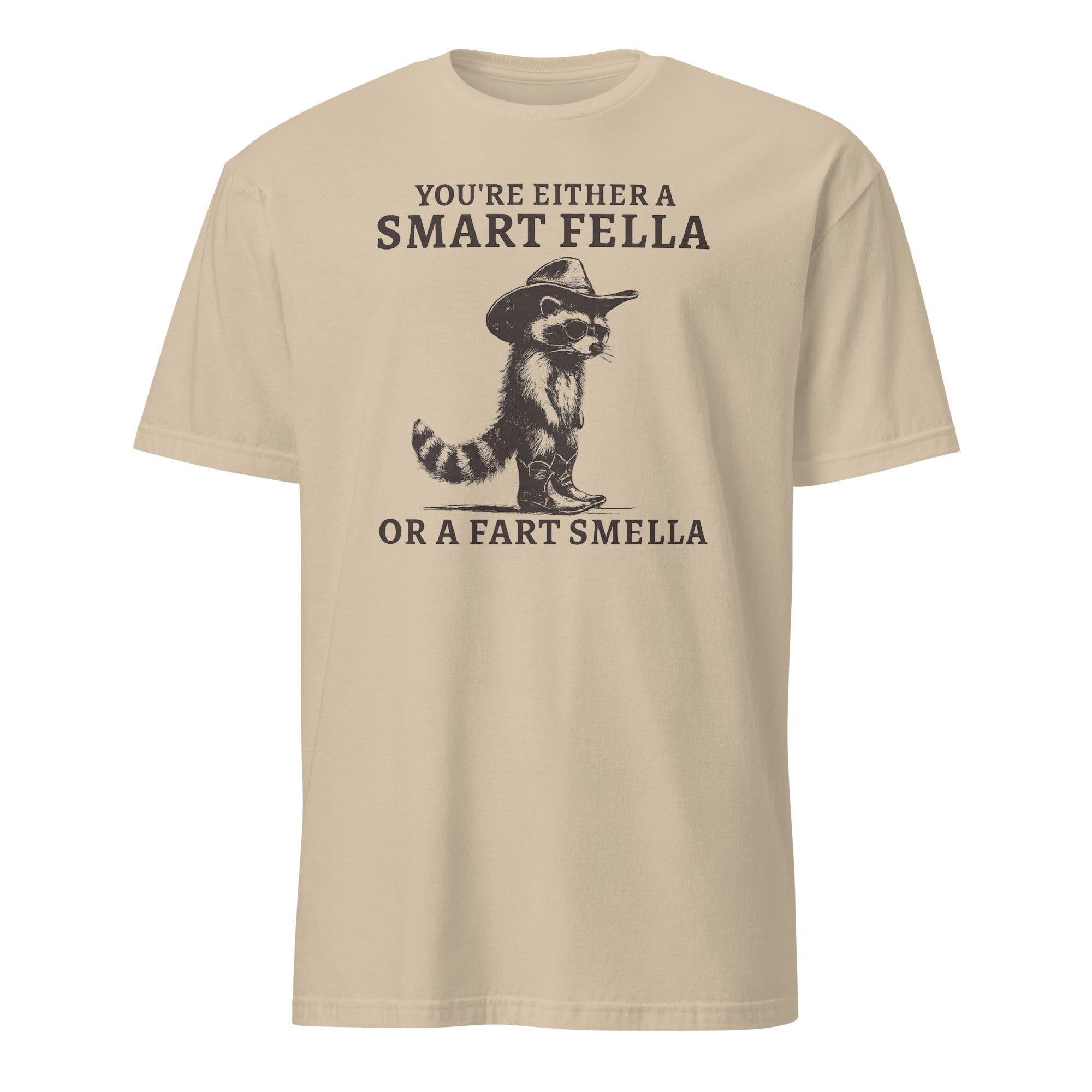 Sand color Smart Fella or Fart Smella Retro Raccoon Shirt by Cuccico