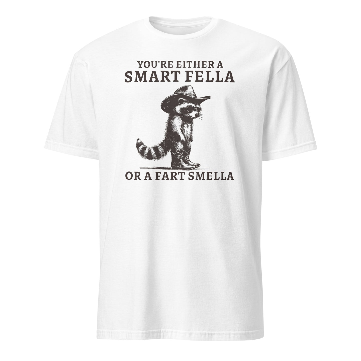 White Smart Fella or Fart Smella Retro Raccoon Shirt by Cuccico