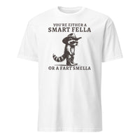 White Smart Fella or Fart Smella Retro Raccoon Shirt by Cuccico